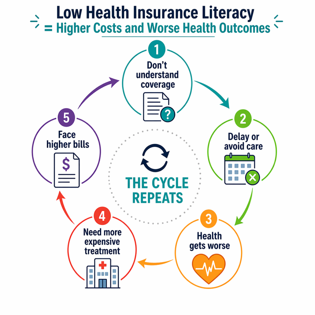 Infograph illustrating the cycle between low health insurance literacy, worse health, and higher healthcare costs