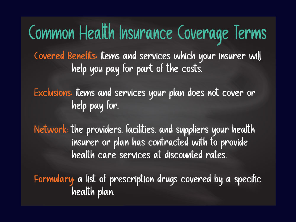 a list of 4 common health insurance coverage terms